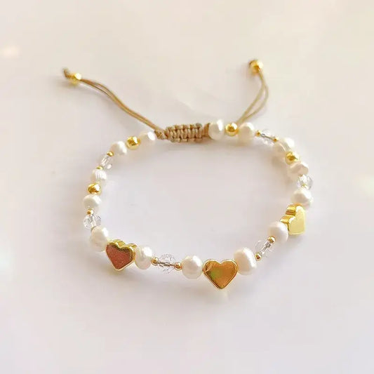 Heart charm bracelet with faux pearls and clay beads