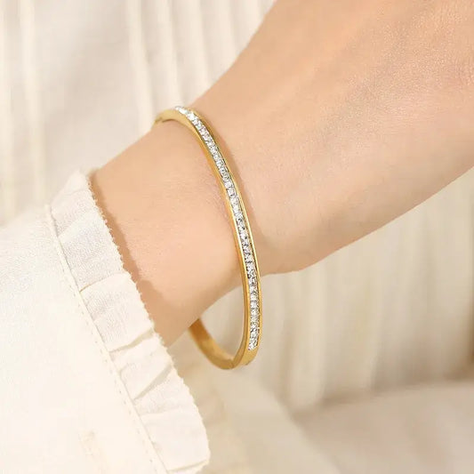 Close-up of Titanium Steel Inlay Zircon Bangle showing zircon inlays