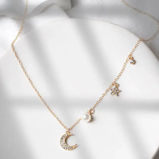Star and Moon Pendant Necklace on silver chain