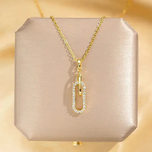 Paper Clip Pendant Necklace with 18K gold plating and zircon inlay