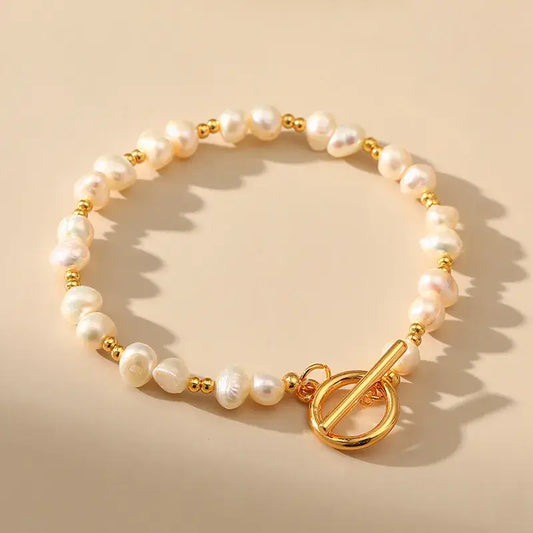 18K gold-plated bracelet with geometric pearl design