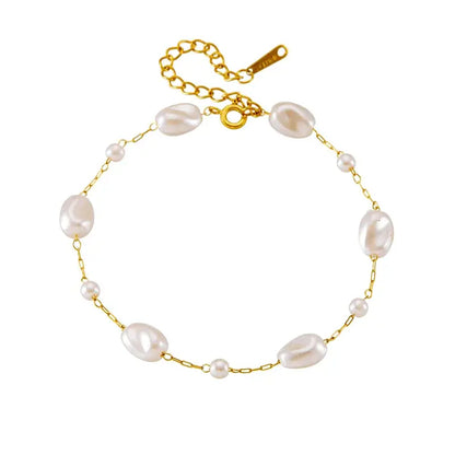 Close-up of stainless steel pearl bracelet showing pearl details