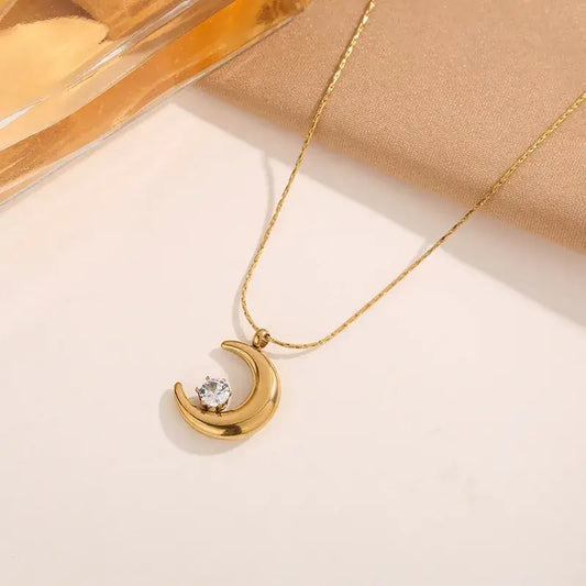 Gold moon pendant necklace with zircon inlay on gold-plated stainless steel chain