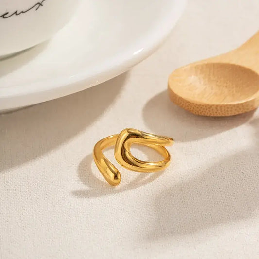 18K gold plated stainless steel open ring on hand – women’s jewelry