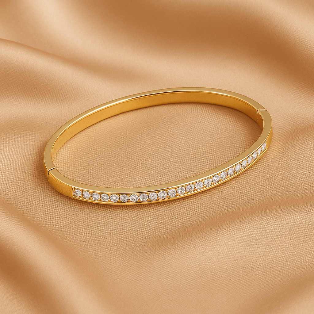 Woman wearing Titanium Steel Inlay Zircon Bangle with casual outfit