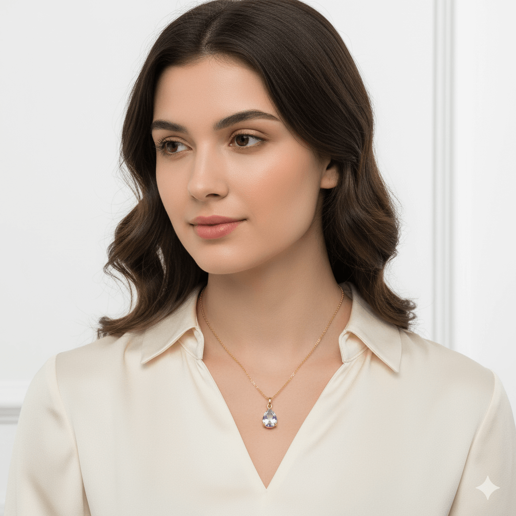 Vintage water drop pendant necklace worn by a woman, showcasing elegant jewelry style.