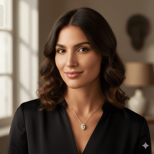 Retro water drop pendant necklace worn by a woman, showcasing elegance and style in a sophisticated setting.