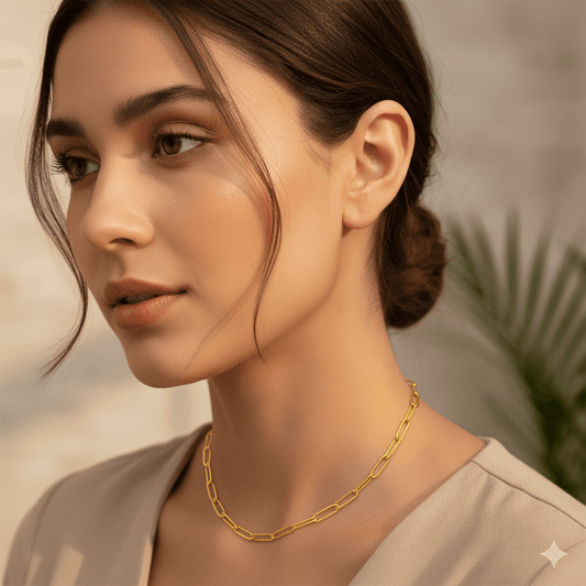Gold Plated U-shape Heart Pendant Necklace for Women worn by a model, showcasing modern design with a golden finish.