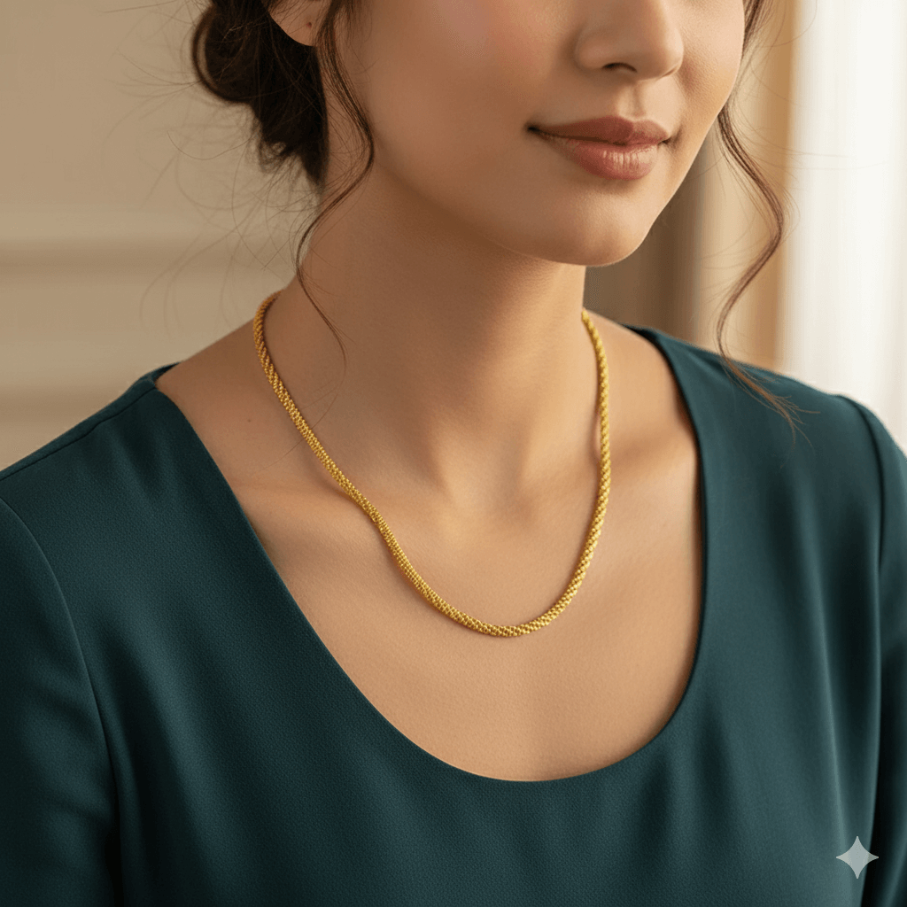 Gold plated stainless steel necklace worn by a woman, adding elegance to her outfit.