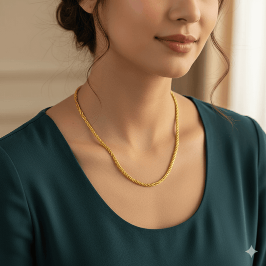 Gold plated stainless steel necklace worn by a woman, adding elegance to her outfit.