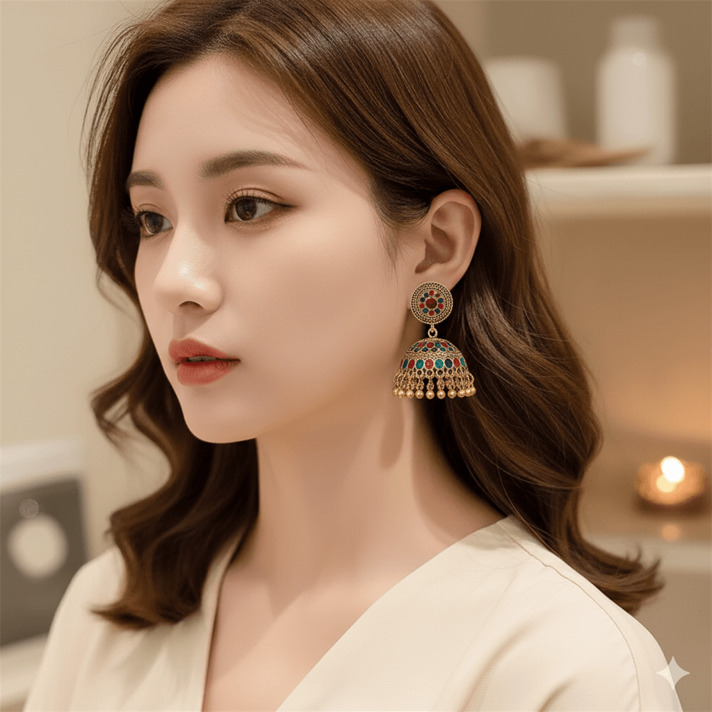 Retro water drop tassel earrings showcasing a vintage design with colorful accents worn by a woman.