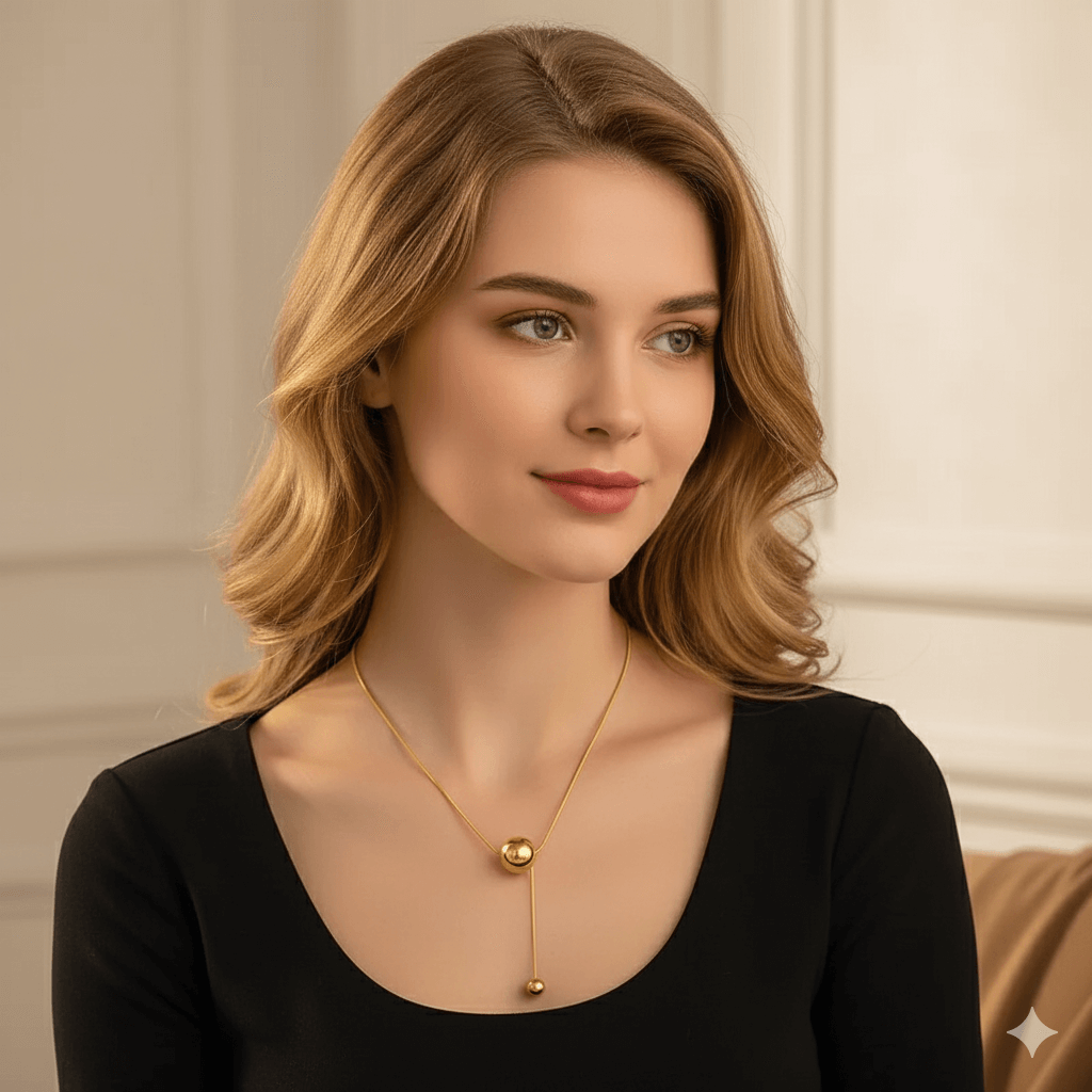 18K gold plated pendant necklace worn by a woman, showcasing elegance and style in a minimalist setting.