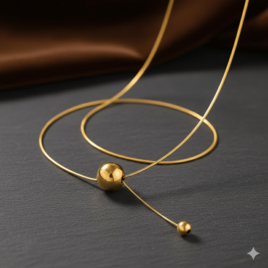 18K gold plated pendant necklace – Stainless Steel featuring a minimalist design with a smooth gold ball centerpiece.