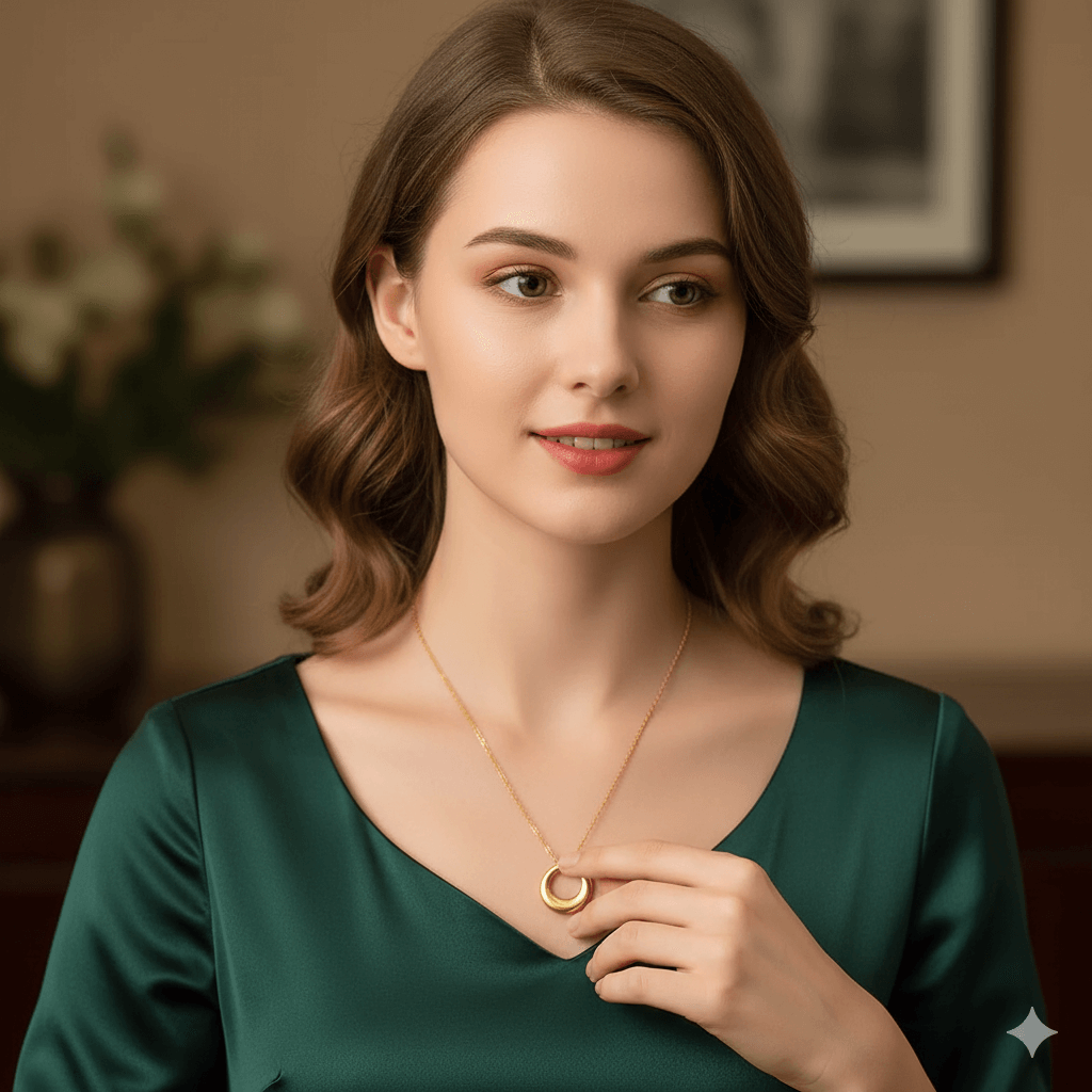 Model wearing an 18K gold-plated pendant necklace, showcasing elegance and sophistication in a stylish setting.