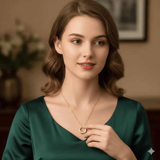 Model wearing an 18K gold-plated pendant necklace, showcasing elegance and sophistication in a stylish setting.