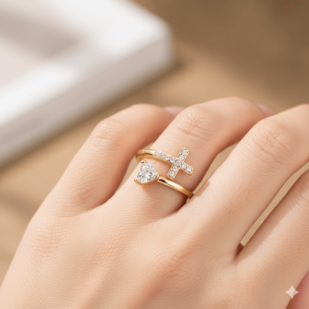 Cross Zircon Open Ring for Women – 18K Gold Plated worn on finger with sparkling zircon inlays.