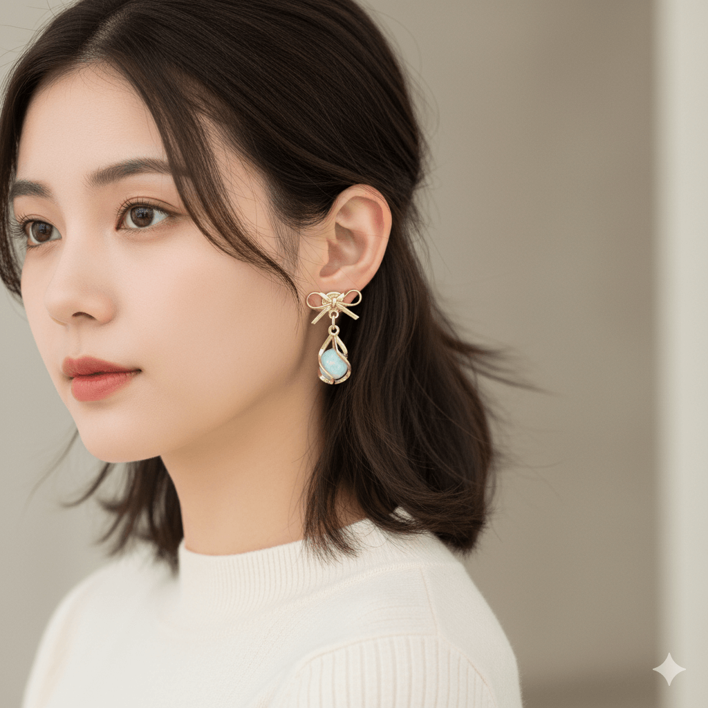 Close-up of a woman wearing flower butterfly earrings with a bow knot design, showcasing elegant jewelry for women.