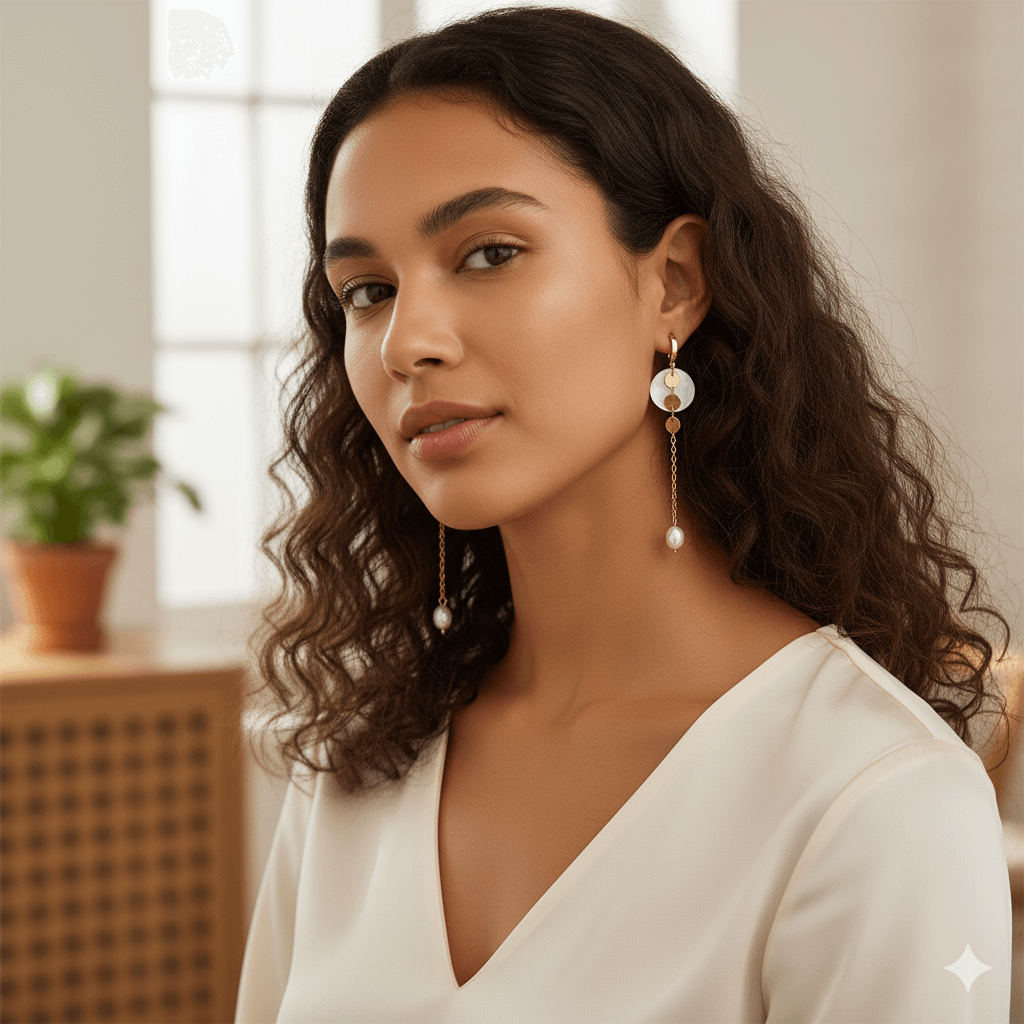 Shell tassel earrings worn by a model, showcasing vintage charm and elegance in a stylish boho design.