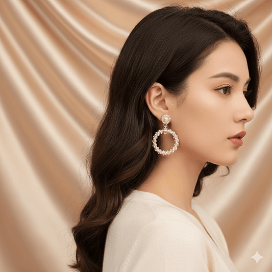 Flower butterfly bow earrings highlighted on a model, showcasing the intricate design with pearls and rhinestones.