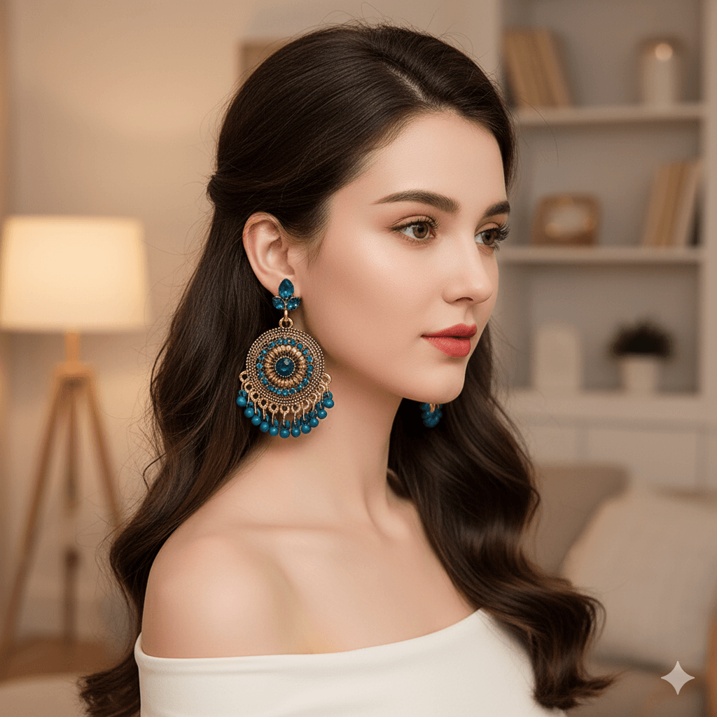 Retro ethnic tassel earrings in a stylish design worn by a woman with long hair.