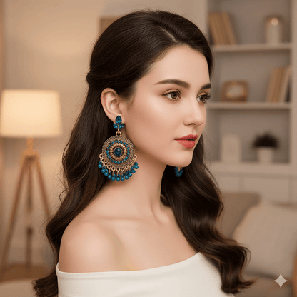 Retro ethnic tassel earrings in a stylish design worn by a woman with long hair.