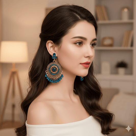 Retro ethnic tassel earrings in a stylish design worn by a woman with long hair.