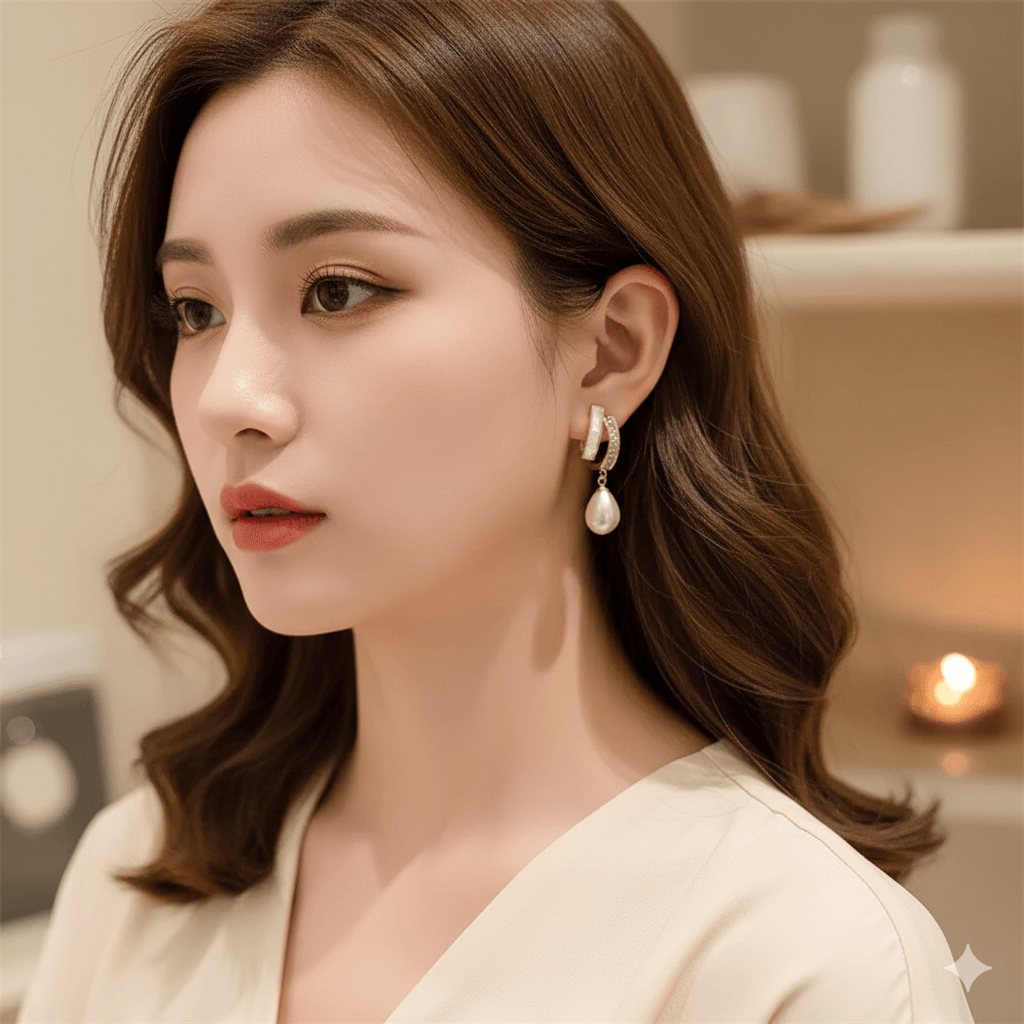 Elegant woman wearing square heart bow earrings with pearls and rhinestones, showcasing stylish jewelry for women.