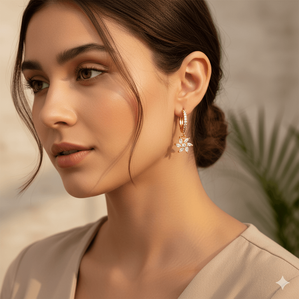 Snowflake Spiral Earrings – S925 Silver Diamond Design worn by a model, showcasing elegance and sparkle.