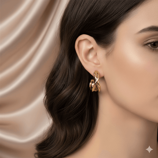 Twisted stud earrings displayed on a model, showcasing their elegant minimalist design and modern twist.