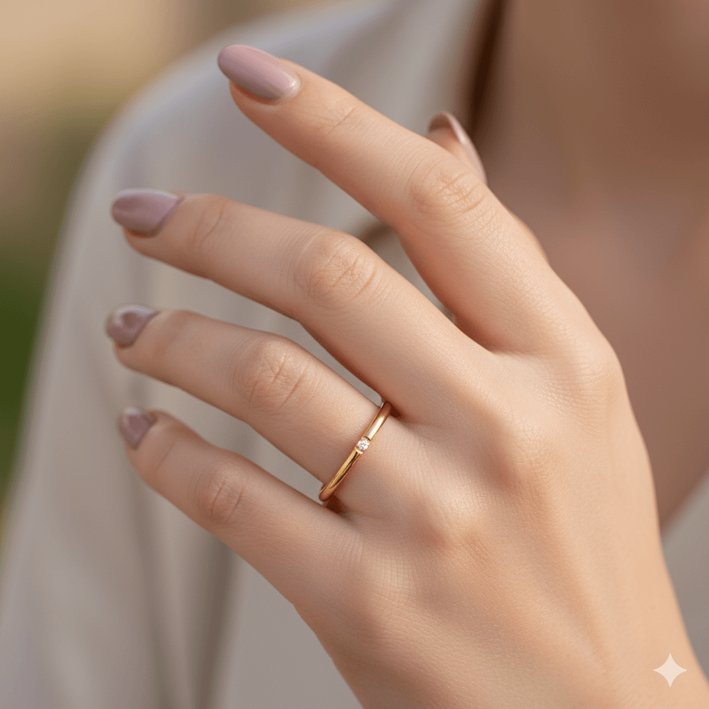 Elegant hand wearing an 18K gold-plated geometric ring with a sparkling zircon inlay, showcasing modern jewelry style.