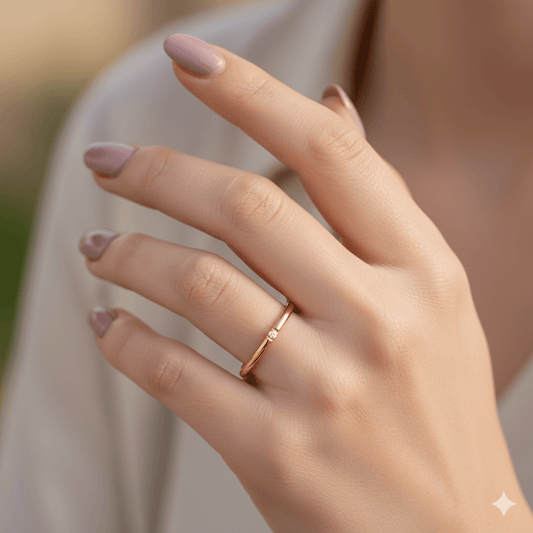 Elegant hand wearing an 18K gold-plated geometric ring with a sparkling zircon inlay, showcasing modern jewelry style.