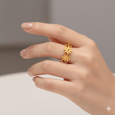 18K gold plated flower ring on a hand, showcasing its charming design and adjustable fit.