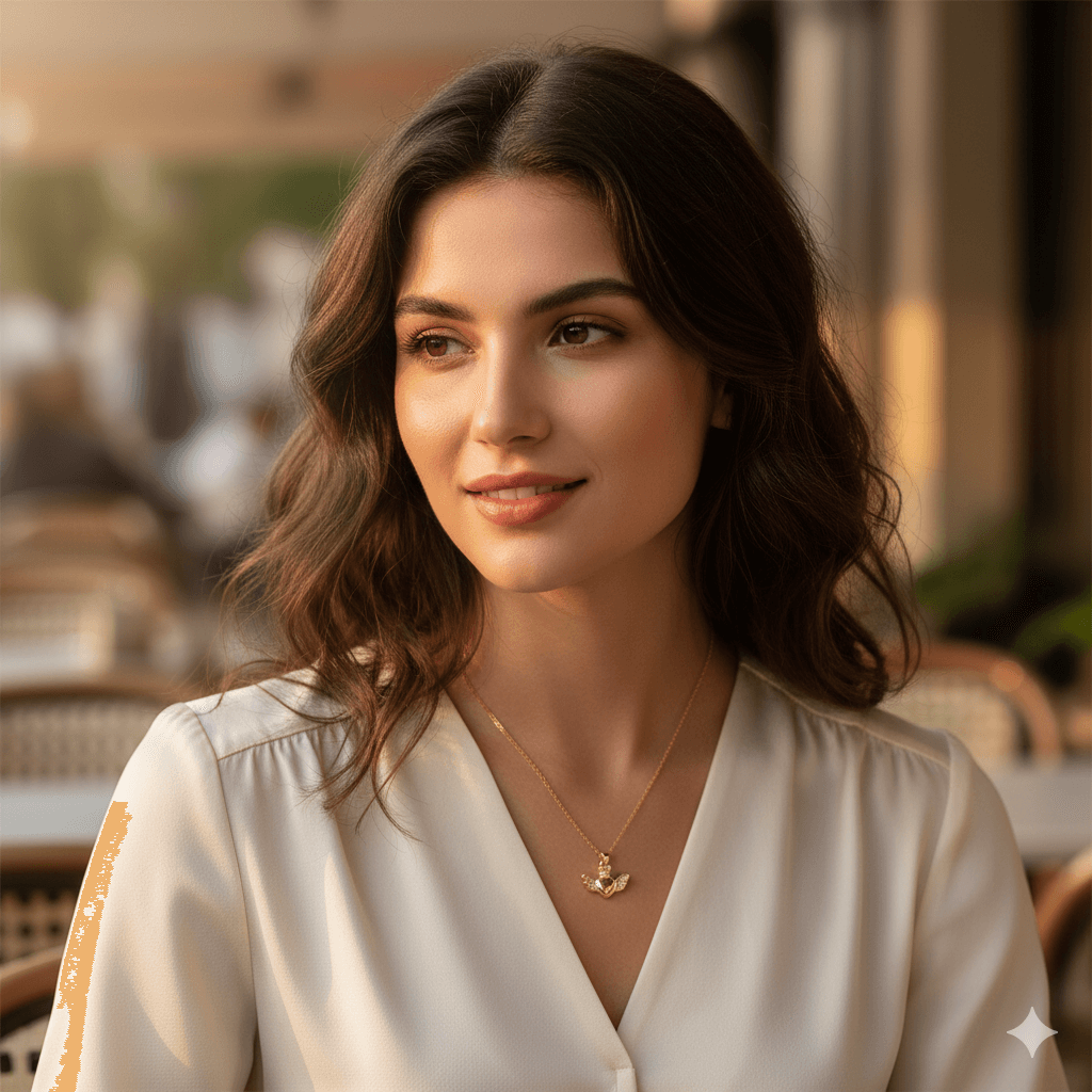 Heart Pendant Necklace – 18K Gold Plated for Women worn by a woman with long hair, styled elegantly in a cafe.