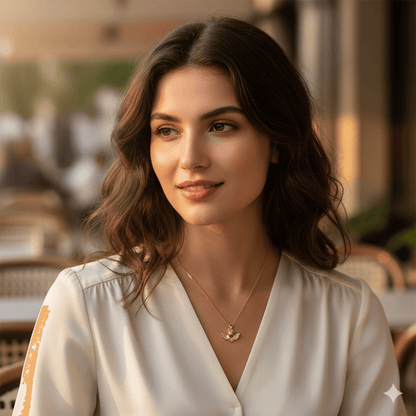 Heart Pendant Necklace – 18K Gold Plated for Women worn by a woman with long hair, styled elegantly in a cafe.