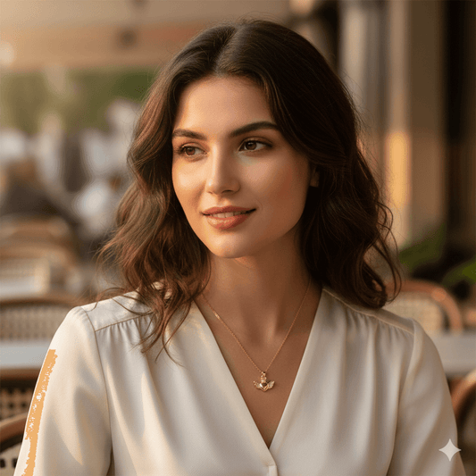 Heart Pendant Necklace – 18K Gold Plated for Women worn by a woman with long hair, styled elegantly in a cafe.
