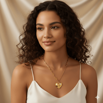 Heart-Shaped Pendant Necklace – Gold Plated Titanium Steel worn by a model showcasing its elegance and design.
