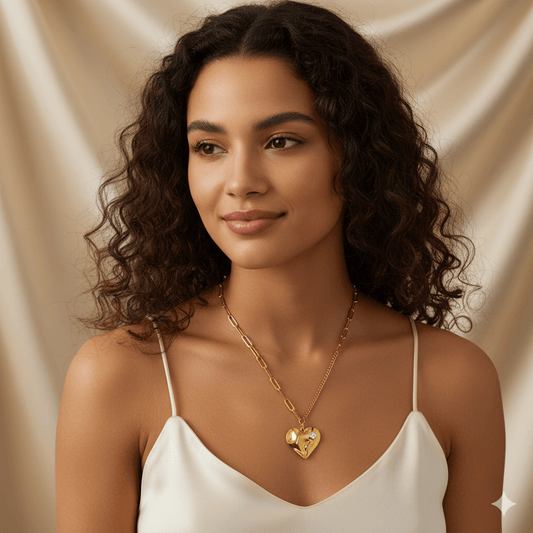 Heart-Shaped Pendant Necklace – Gold Plated Titanium Steel worn by a model showcasing its elegance and design.