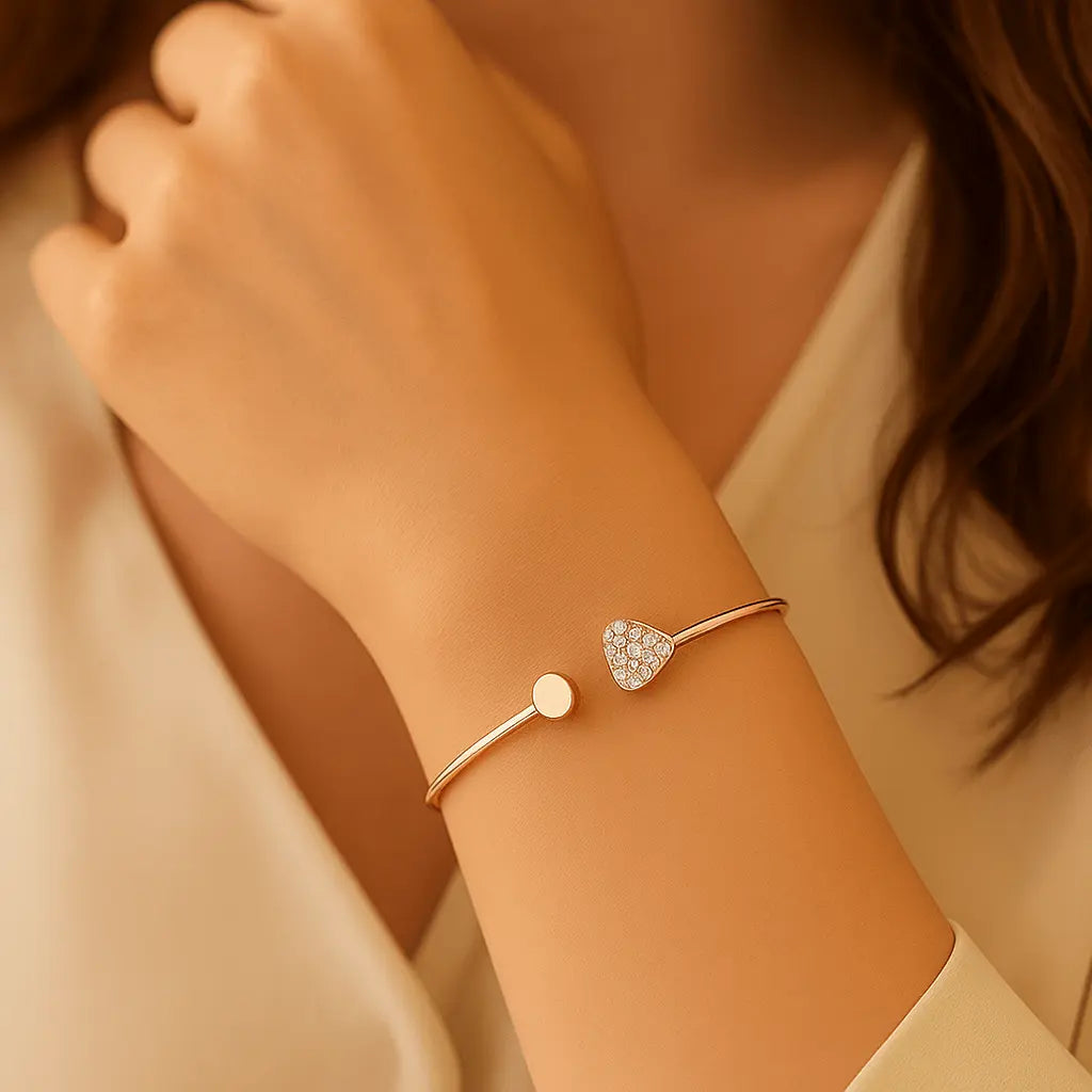 Woman wearing Heart Artificial Rhinestones Alloy Bangles stacked with other bracelets