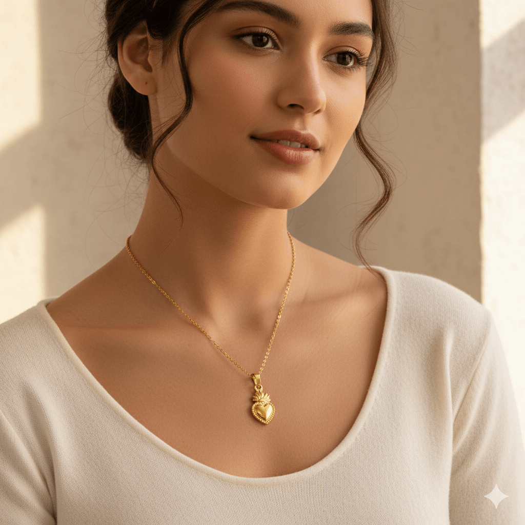 Gold Plated Pendant Necklace worn by a model, showcasing retro classic style for daily and street wear.