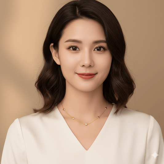 Model wearing an 18K gold-plated heart pendant necklace, showcasing its elegance and charm.