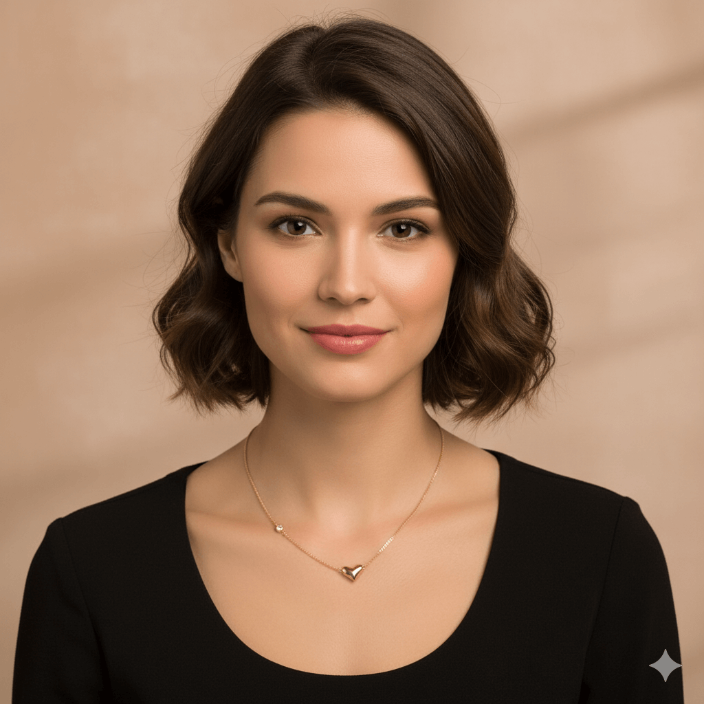 Heart shape gemstone necklace worn by woman with short hair, showcasing elegance and charm in gold alloy.