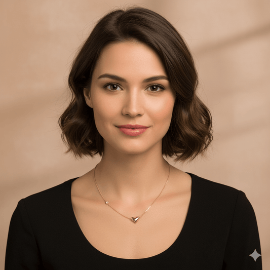 Heart shape gemstone necklace worn by woman with short hair, showcasing elegance and charm in gold alloy.