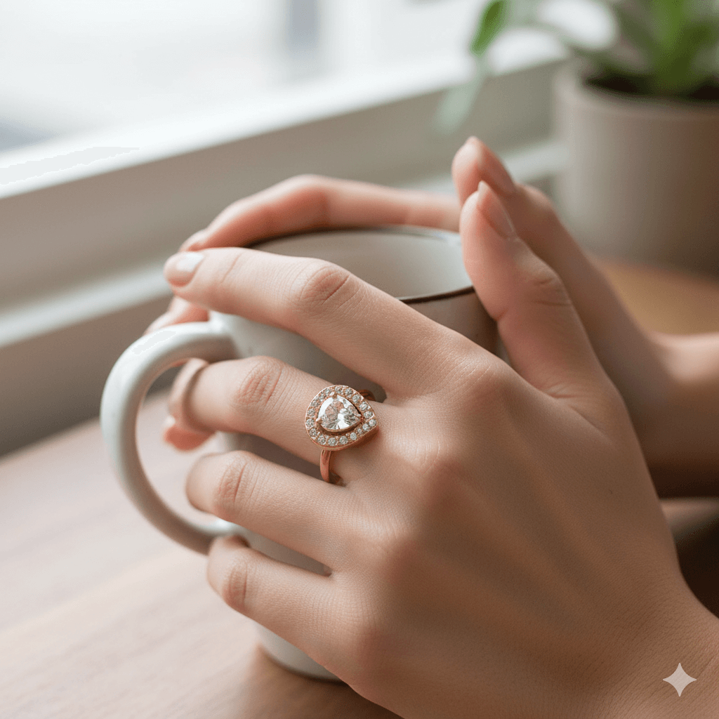 18K Gold Open Ring – Heart, Square & Water Droplet Design worn while holding a coffee mug on a wooden table.