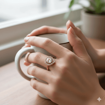 18K Gold Open Ring – Heart, Square & Water Droplet Design worn while holding a coffee mug on a wooden table.