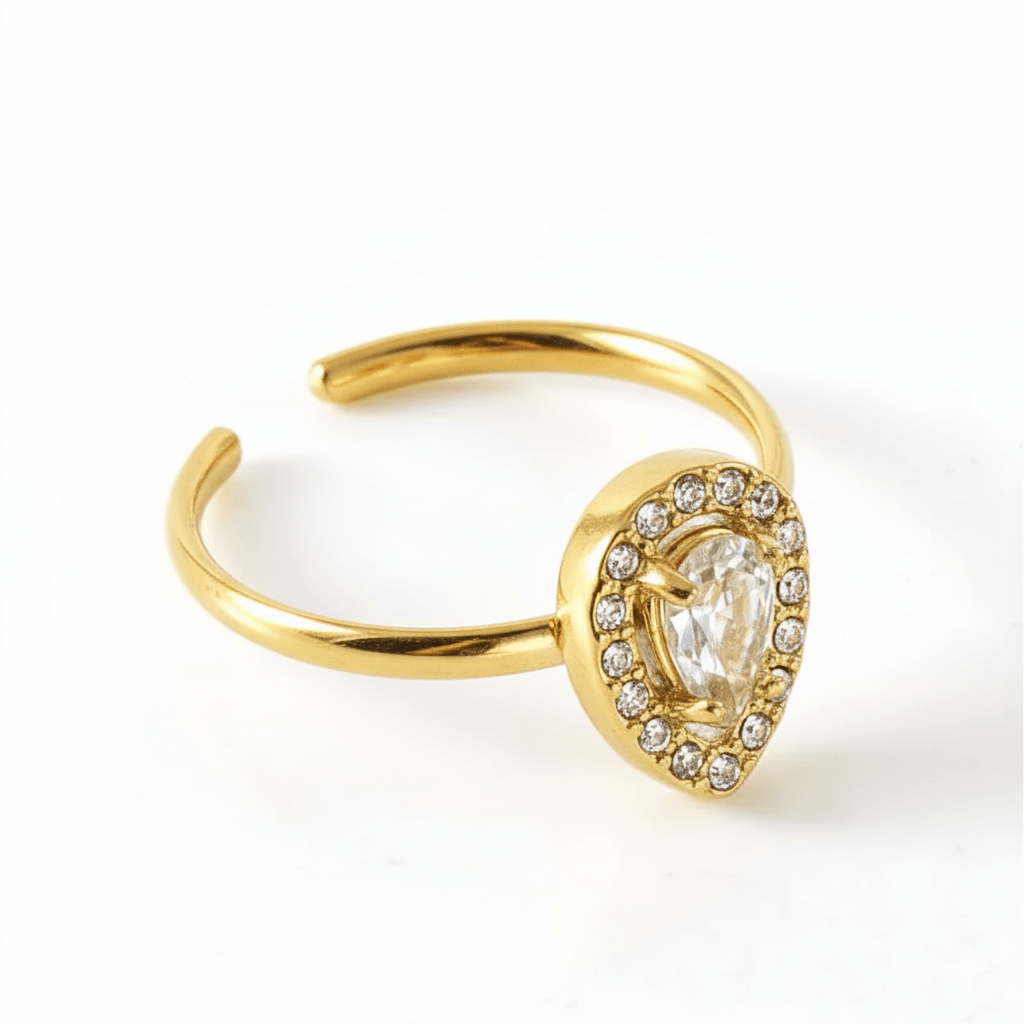18K Gold Open Ring – Heart, Square & Water Droplet Design featuring a zircon inlay and unique heart shape.