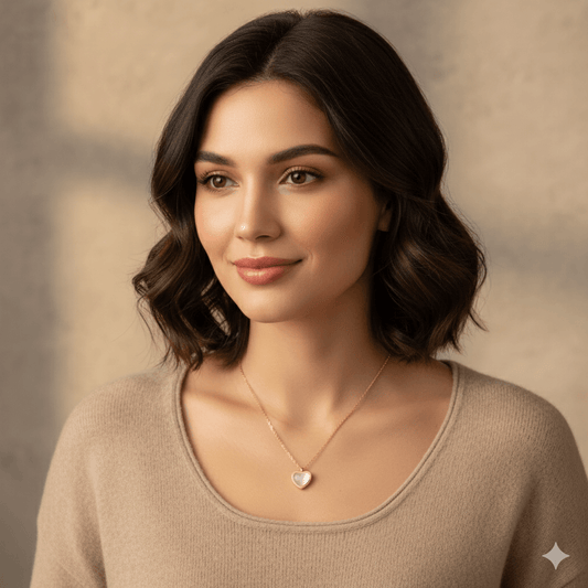Heart Pendant Necklace for Women – 18K Gold Plated worn by a woman with soft waves, showcasing elegance and style.