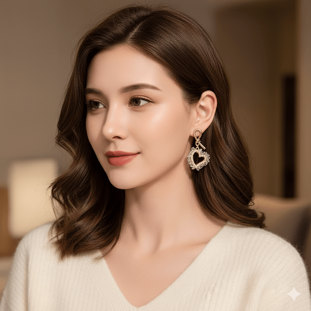 Geometric heart bow knot earrings worn by a model showcasing elegance and style in a cozy outfit.