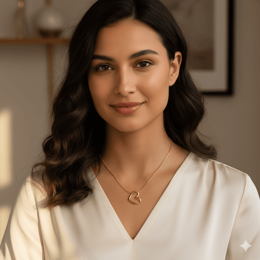 Gold Heart Jewelry for Women – 18K Pendant Necklace worn by a woman with a U-shaped heart pendant.