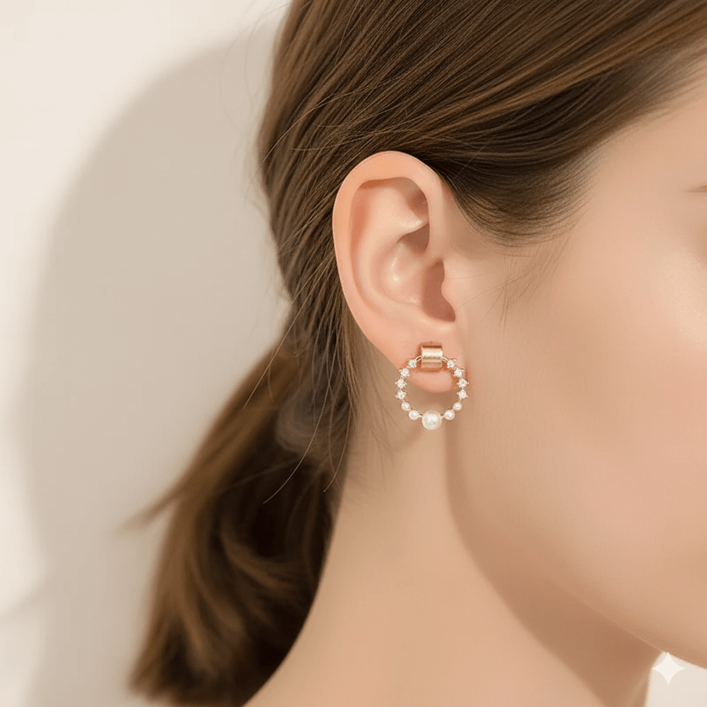 Pearl rhinestone shell earrings shown on a model's ear, featuring artificial pearls and rhinestones in a gold setting.