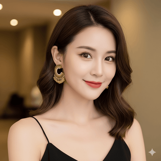 Woman wearing retro ethnic tassel earrings, showcasing stylish boho statement jewelry.